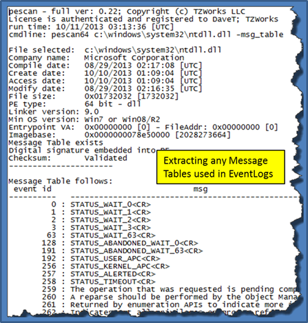 Event log messages tables